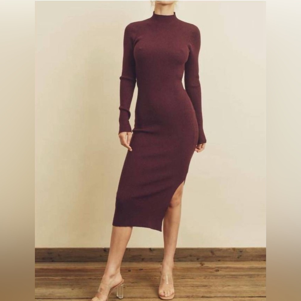 Dress Forum Midi‎ Dress S Ribbed Mock Neck Long Sleeve High Slit Brown Bodycon